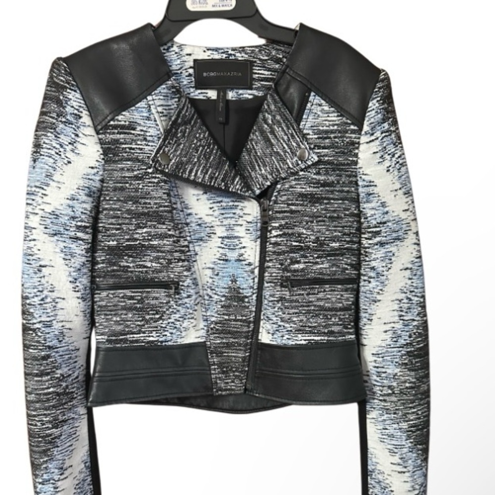 BCBGMAXAZRIA Jacket women's size XS Jimmy Moto Black Blue White Faux Leather
